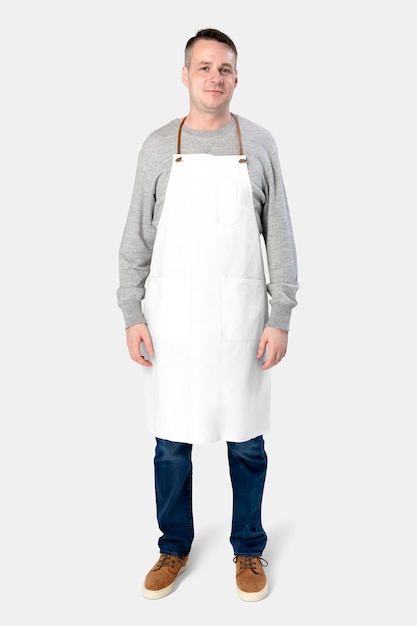 Man wearing white apron on white