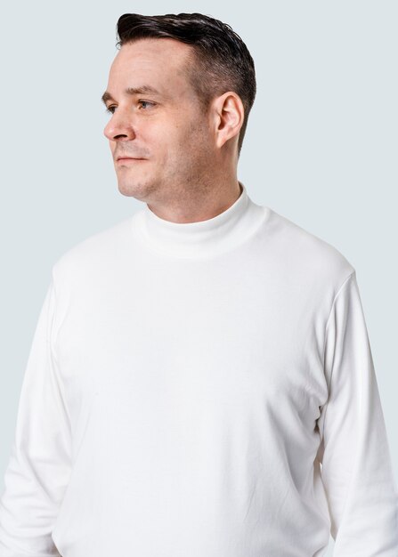 Man wearing white long sleeve turtleneck t-shirt apparel