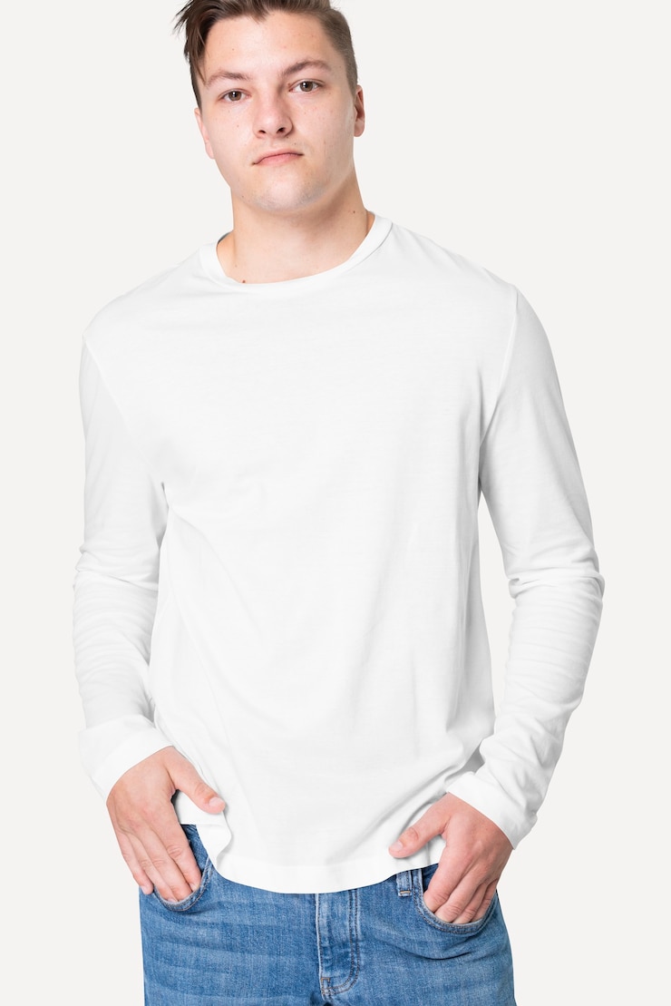 Free Photo man in white long sleeve tee men&rsquo;s fashion studio portrait