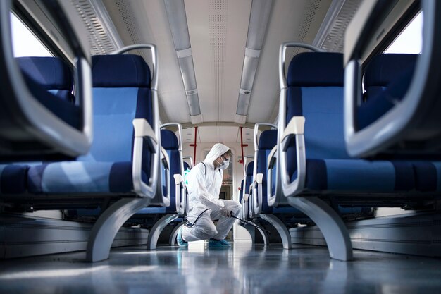 Man in white protection suit disinfecting and sanitizing subway train interior to stop spreading highly contagious corona virus