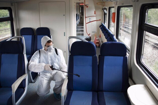 흰색 보호 복을 입은 남자가 전염성이 높은 코로나 바이러스의 확산을 막기 위해 지하철 열차 내부를 소독하고 살균합니다.