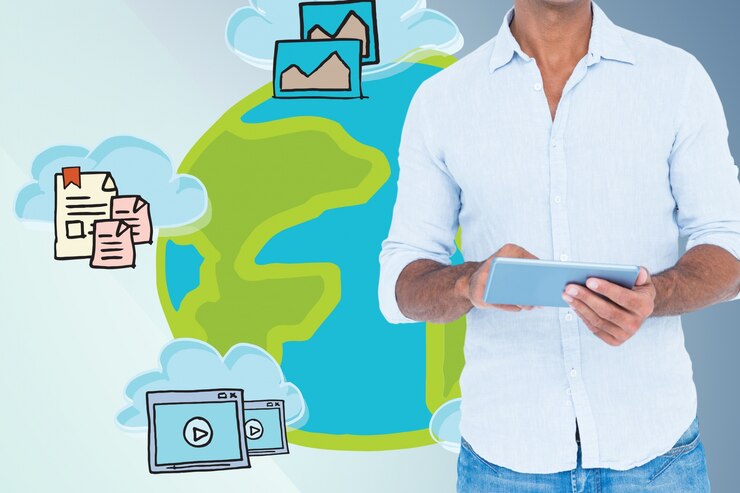 Man in a white shirt and a tablet