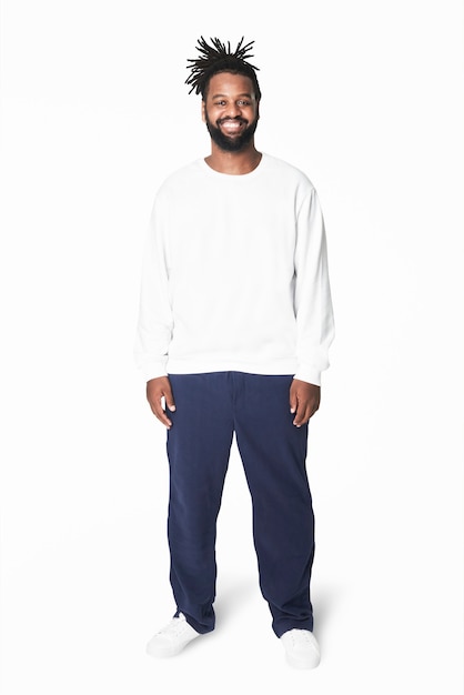 Man in white sweatshirt blue pants plus size fashion