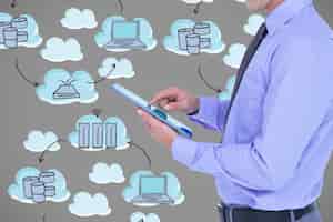 Бесплатное фото Человек с планшетом и облака фона иконки