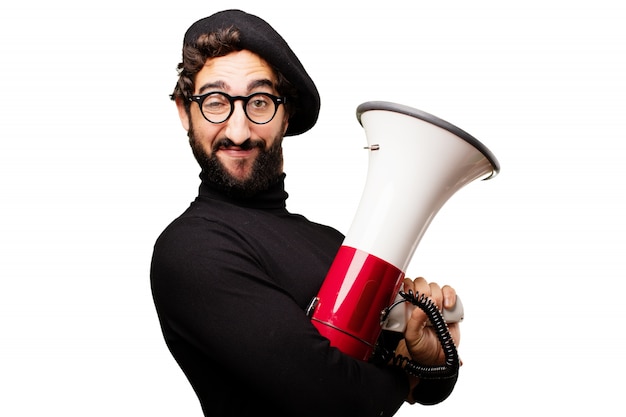 Man with beret holding a megaphone