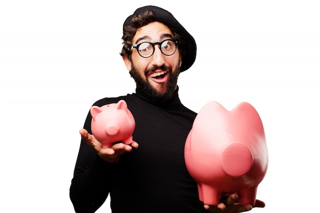 Man with a big piggy bank pig and other small