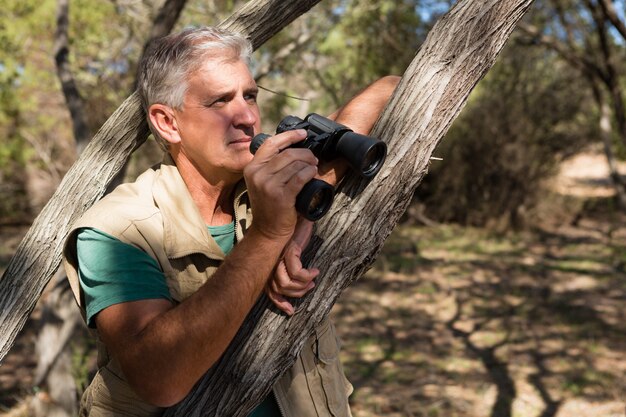 Man with binocular by tree