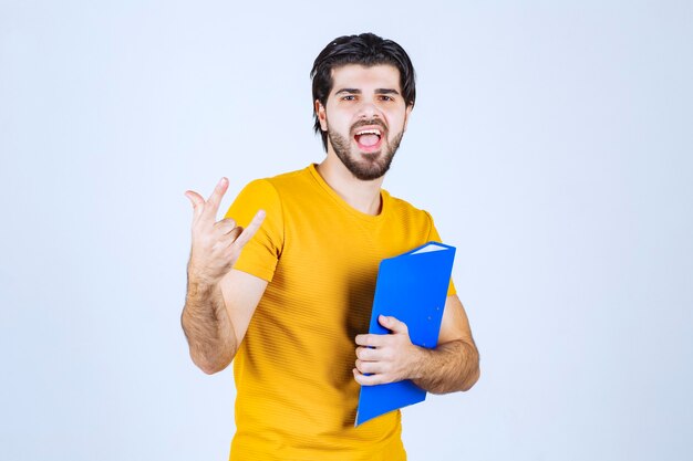 Man with blue folder feeling cool.