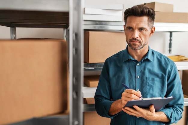 Man with clipboard in warehouse