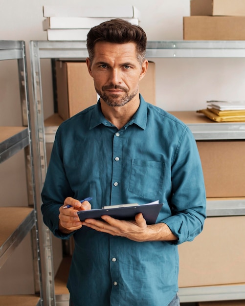 Free photo man with clipboard in warehouse