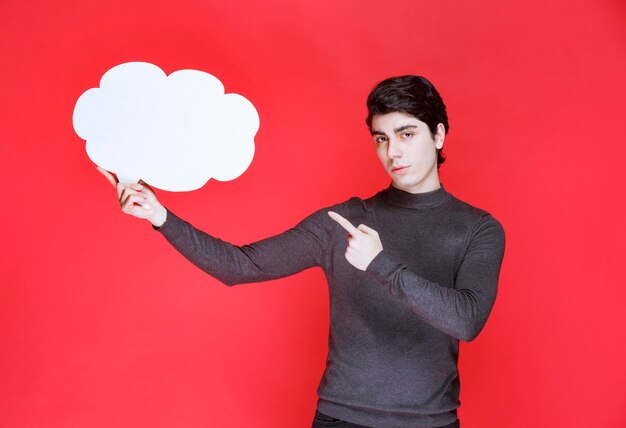 Man with a cloud shape thinkboard pointing to somewhere