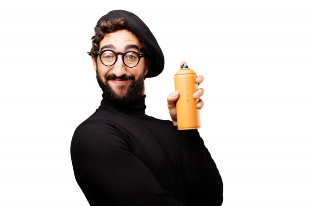 Man with glasses to see and beret with a spray bottle