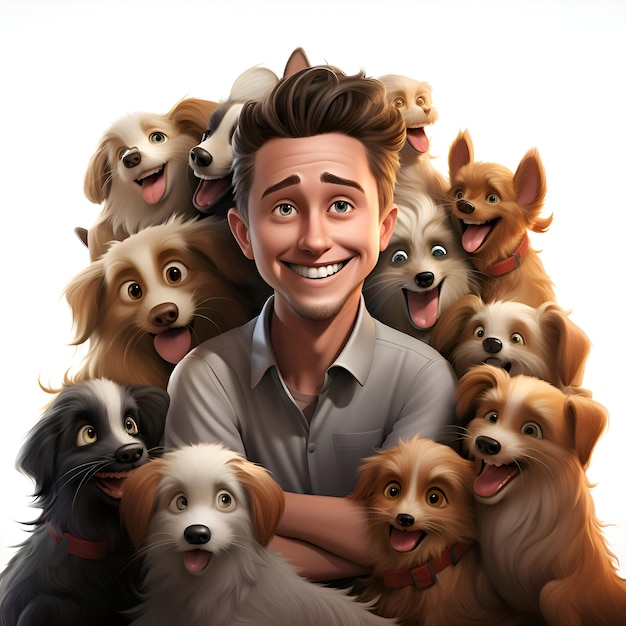 Free photo man with a group of dogs on a white background 3d rendering