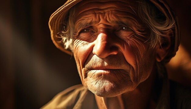 A man with a hat and a hat is looking into the camera.