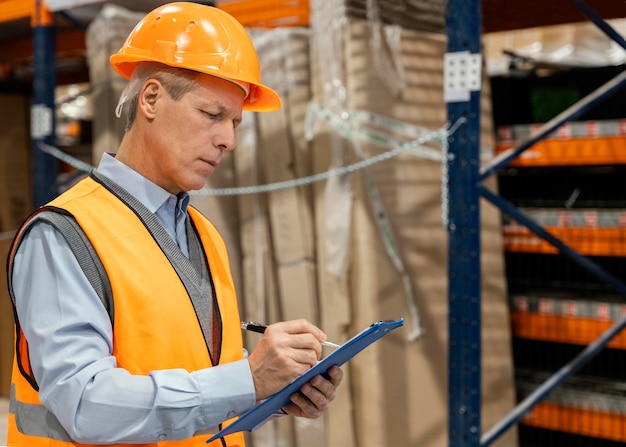 Foto gratuita uomo con il casco logistico di lavoro