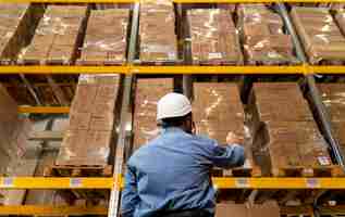 Free photo man with helmet working in warehouse