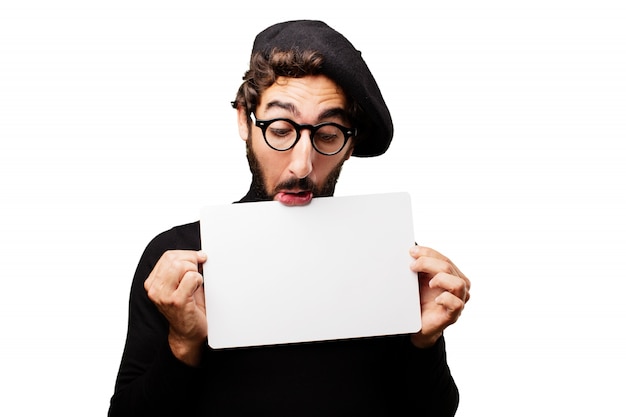 Man with a lip above a blank paper