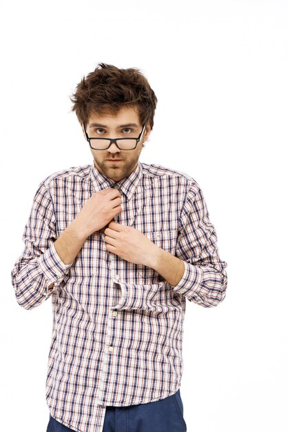 Man with messy hair button-up shirt