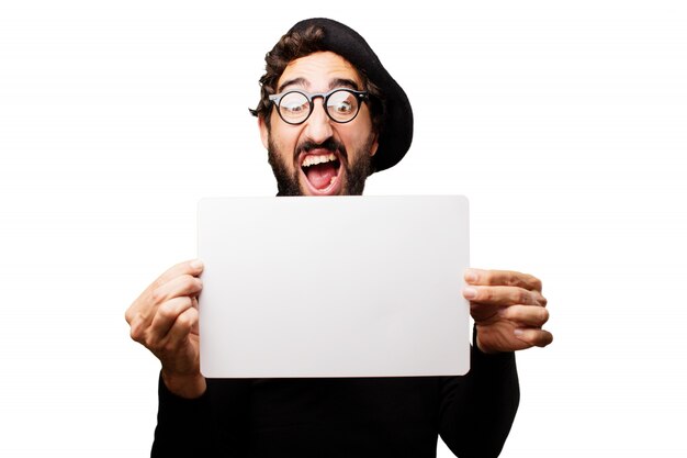 Man with open mouth and a beret holding a blank paper