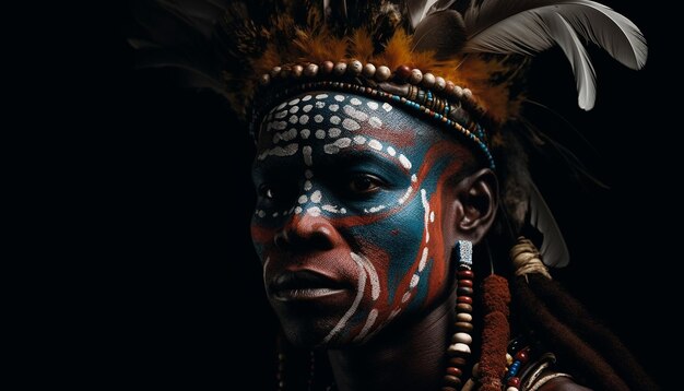 A man with a painted face and a black background