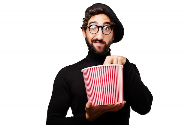 Man with a popcorn bowl