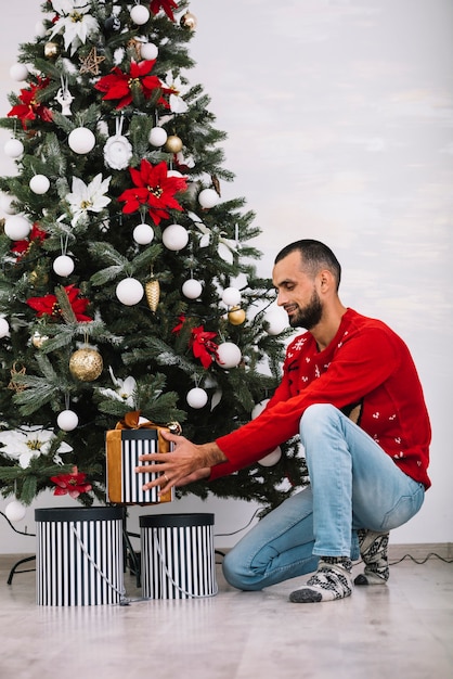 Free photo man with present box near fir tree
