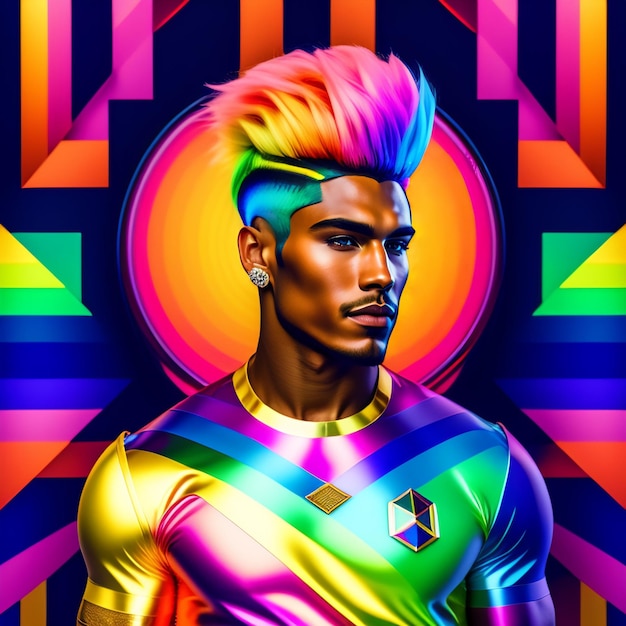 Foto gratuita un uomo con un taglio di capelli arcobaleno e una camicia arcobaleno.