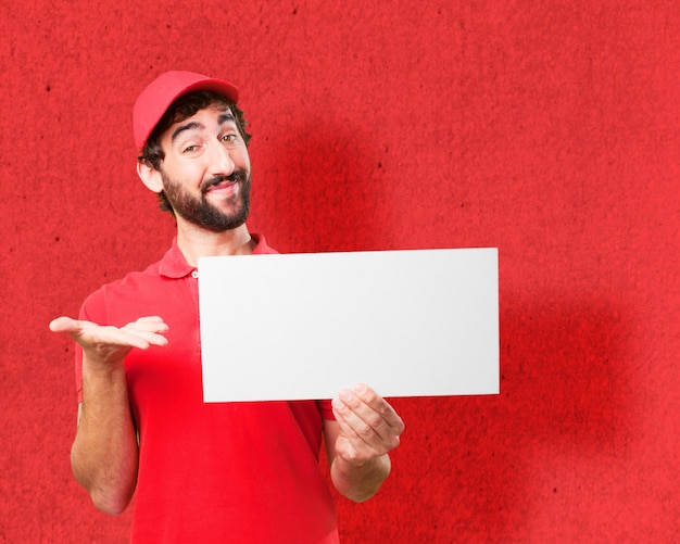 Man with raised palm and a poster