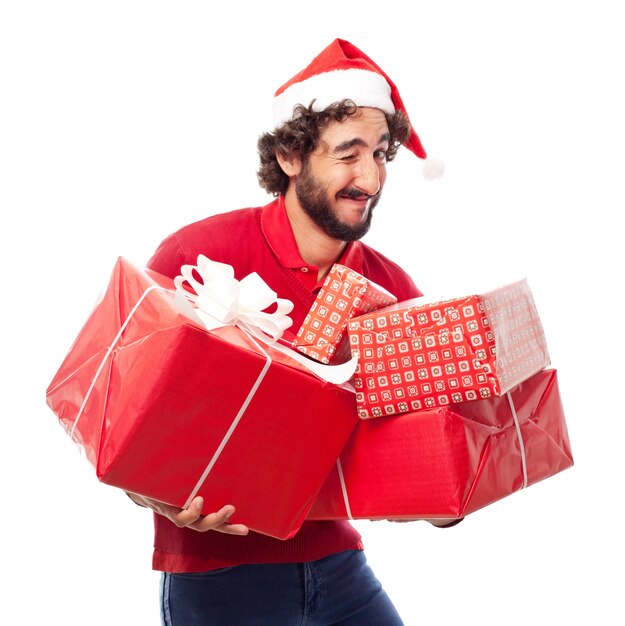 Man with santa's hat and gifts