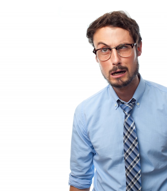 Man with shirt with rare face and glasses to see