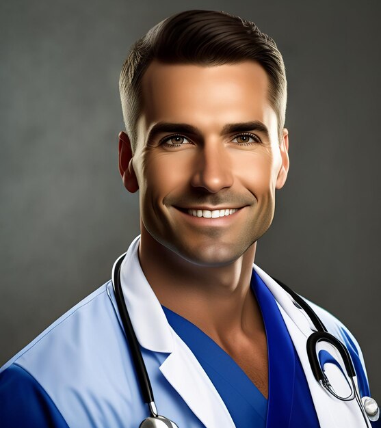 A man with a stethoscope on his coat is smiling.