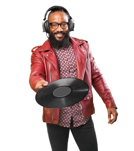 Free photo man with a vinyl disc