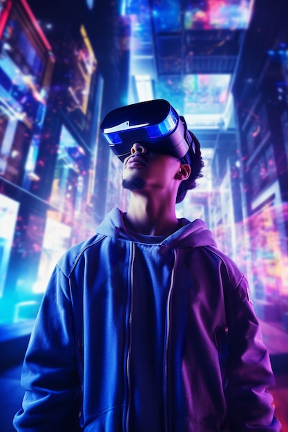 Человек в очках виртуальной реальности в футуристическом городе