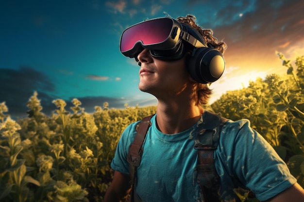 man with VR glasses in the plantation field working agriculture season