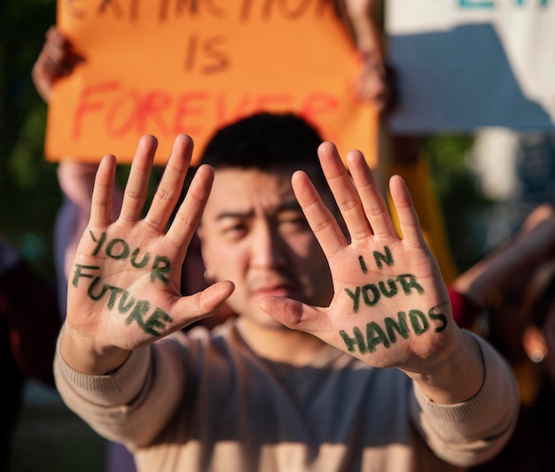 Man with writing on palms close up