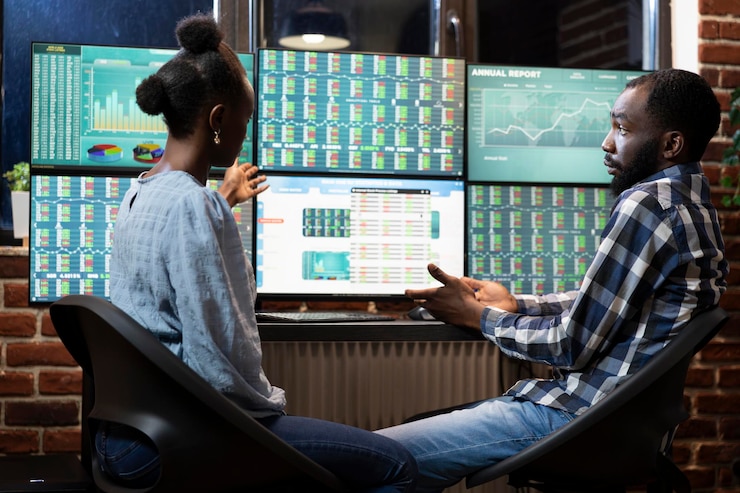 Free Photo man and woman analyzing stock trends