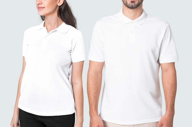 man and woman in basic white polo shirts apparel studio shoot