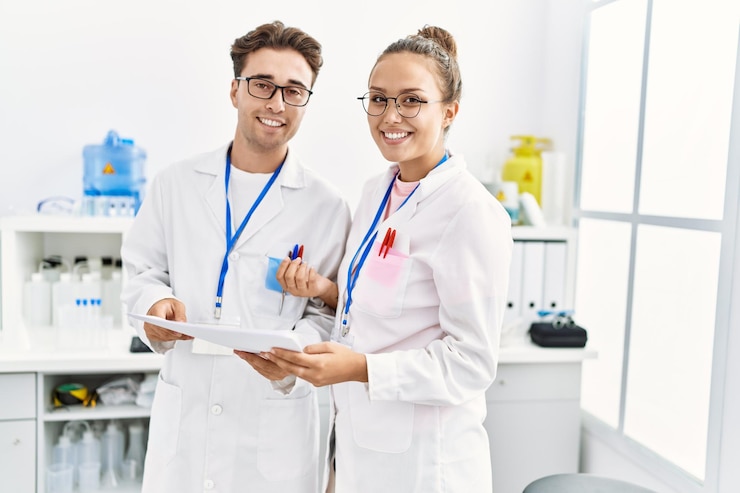 Free Photo man and woman wearing scientist uniform working at laboratory