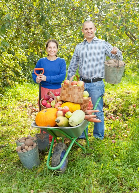 Man and woman  with  harvested vegetables