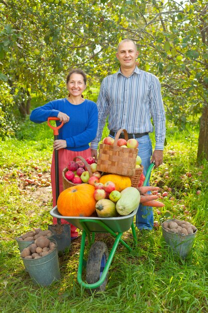 Man and woman  with  harvested vegetables