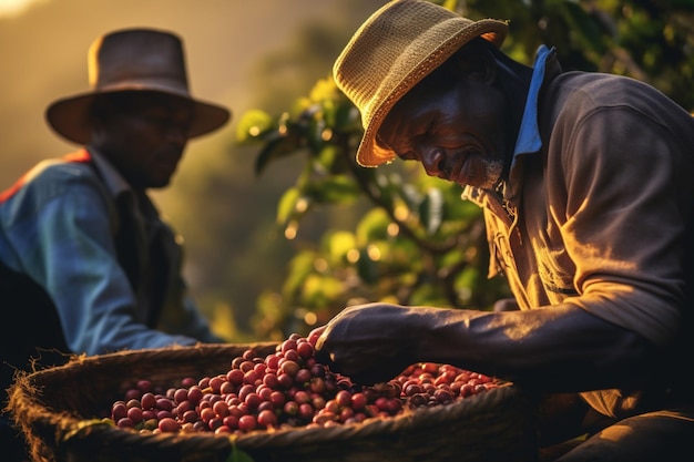 Free photo man workers collecting holding coffee beans harvesting fresh soft colours