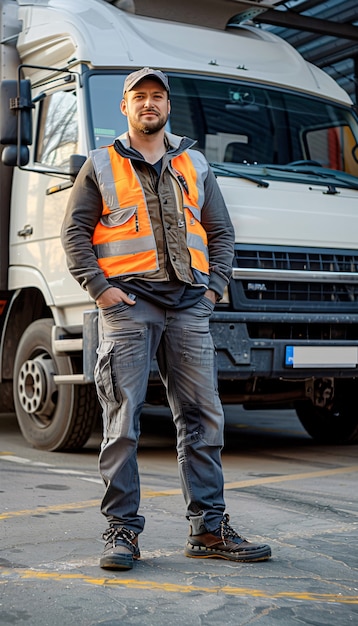 Бесплатное фото Мужчина, работающий водителем грузовика, позирует