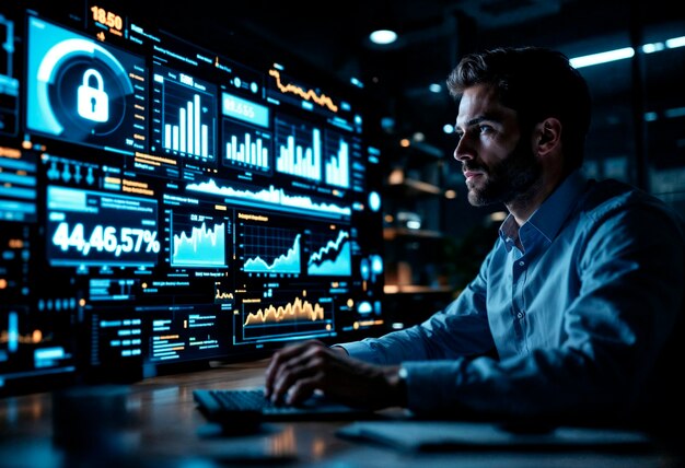 man working on computer with data analysis and security screen