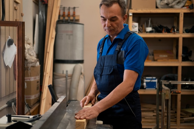 Free photo man working in his wood shop with tools and equipment