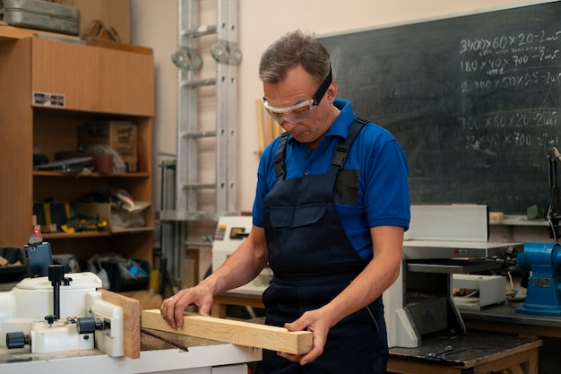 Man working in his wood shop with tools and equipment