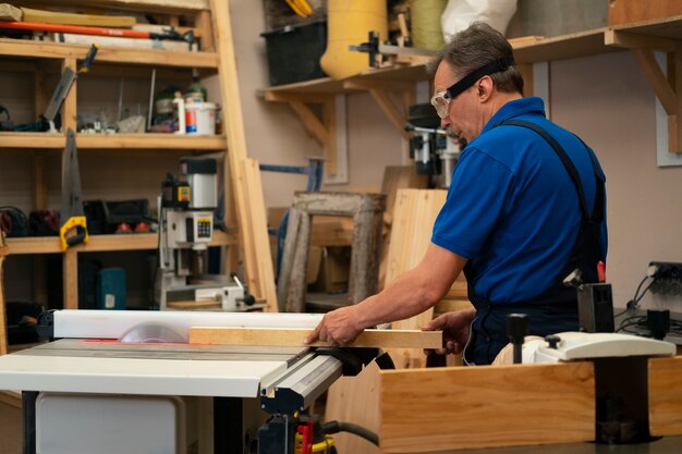 Man working in his wood shop with tools and equipment