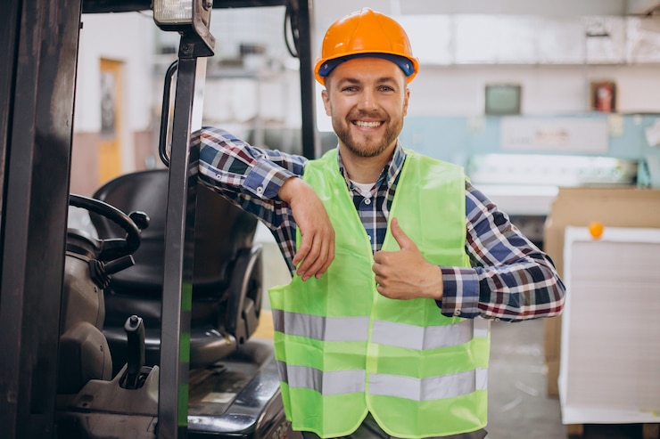 Free Photo man working at warehouse and driving forklift