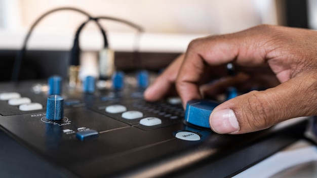 Man working with radio equipment close-up