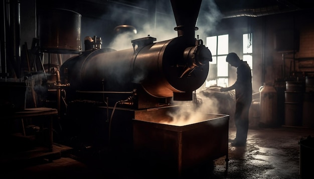 Foto gratuita un uomo lavora in una stanza buia con un treno sullo sfondo.