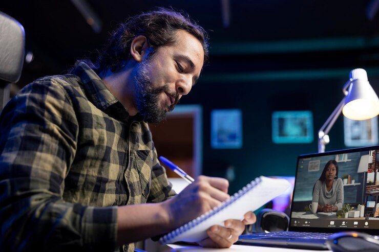 Free Photo man writing on book while on video call